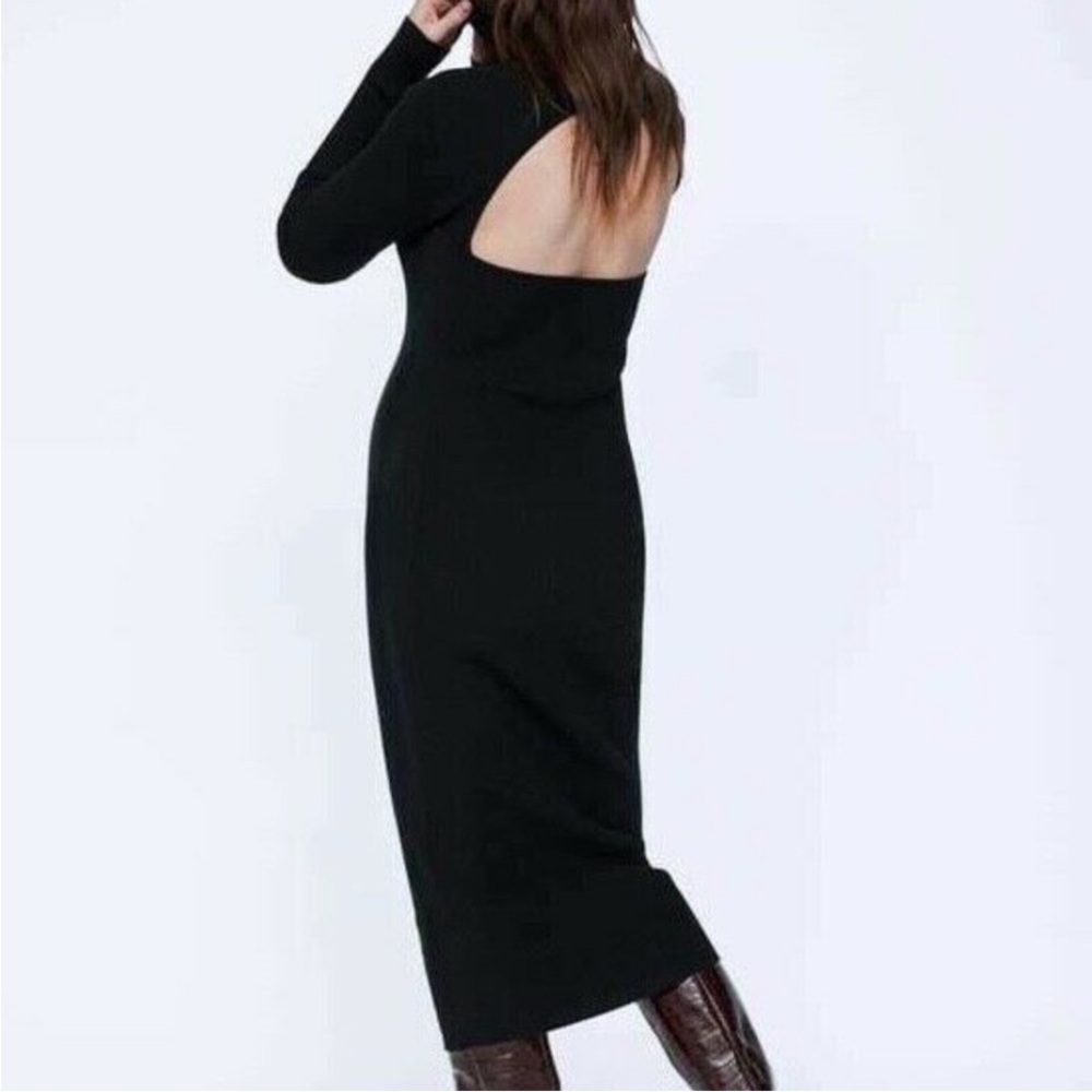 Zara Black Open-Back Stretchy Long‎ Sleeve High Neck Midi Dress L